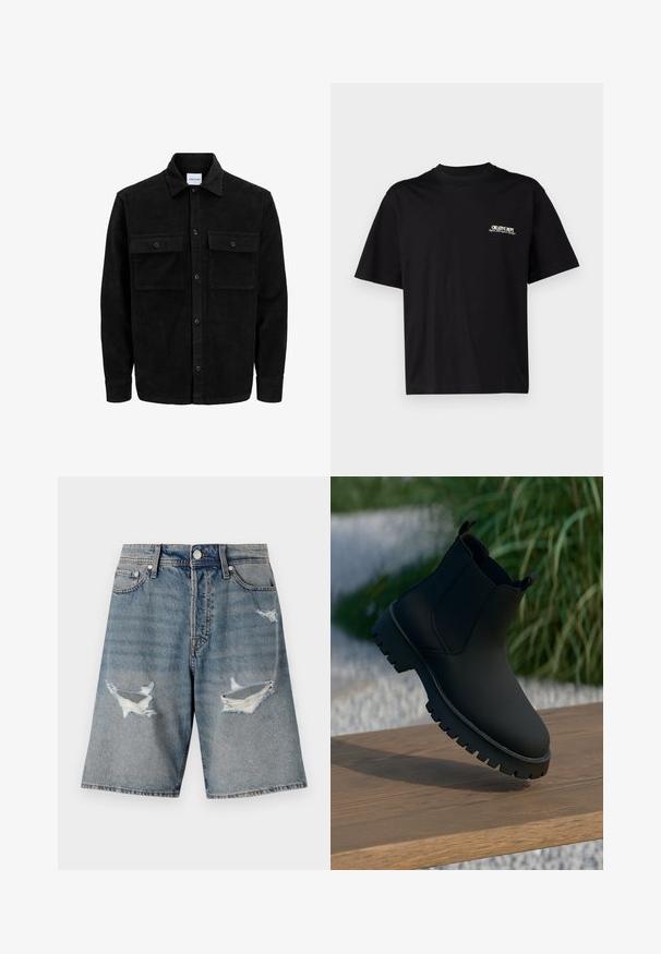 Melnas kordūru pogu jaka ar divām priekšējām atloka kabatām un klasisku apkakli, garām piedurknēm un ribotu tekstūru.; Melna kokvilnas T-kreklu ar īsām piedurknēm, apaļu kakla izgriezumu un baltu un zeltītu tekstu drukāšanu kreisajā krūtīs, ar brīvu piegriezumu.; Gaiši zili džinsu īsie šorti ar nodilušām vietām un plīsušām malām. Iekļauj standarta kabatas un pogu aizdari jostasvietā.; Melnas potītes ar gludu apdari, elastīgām sānu malām un biezu, izturīgu zoli. Novietotas uz koka virsmas dabiskā ainavā.