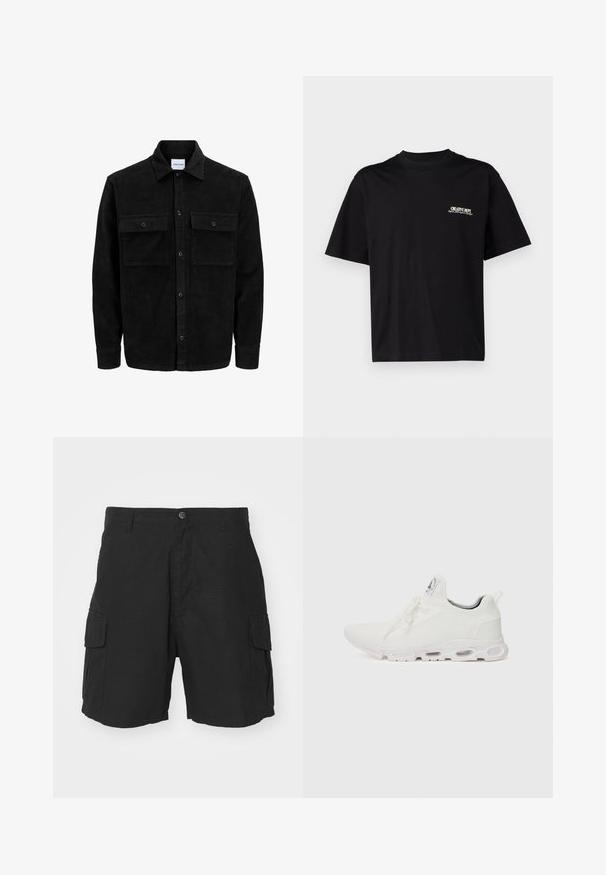 Mustmustöös nupuga jope, millel on kaks eesmist klapiga taskut ja klassikaline kaelus, pikad varrukad ning ribakujuline tekstuur.; Must musta T-särk lühikeste varrukatega, ümar kaelus ja valge ja kuldse tekstiga vasakul rinnal trükk, millel on mugav lõige.; Mustad mustad lühikesed püksid kerge kangaga, millel on kaks küljekotti, nupuga kinnitamine ja vabalt istuv lõige keskmise reie pikkuses.; Valged sportijalatsid, millel on tekstuuriga kudum peal, lame paelad ja pehmendatud tallad nähtavate õhukambritega täiendava toe jaoks.