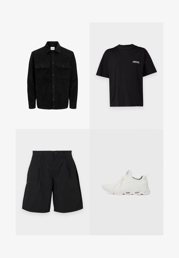 Veste en velours côtelé noire à boutons, avec deux poches à rabat à l'avant et un col classique, des manches longues et une texture côtelée.; T-shirt en coton noir à manches courtes, col rond, avec impression sur la poitrine gauche en texte blanc et doré, offrant une coupe décontractée.; Shorts noirs en tissu lisse, avec une fermeture à bouton, deux plis sur le devant et des poches latérales, offrant une coupe décontractée et un ourlet droit.; Baskets blanches de sport avec un dessus en maille texturée, des lacets plats et une semelle rembourrée avec des chambres à air visibles pour un soutien supplémentaire.