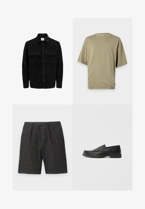 Giacca in corduroy nera con bottoni, due tasche anteriori con patta, colletto classico, maniche lunghe e texture a coste.; T-shirt verde oliva a maniche corte realizzato in tessuto morbido, con scollatura rotonda e vestibilità rilassata, dotato di orli cuciti.; Shorts di denim neri con vita elastica e cordino regolabile. Presentano tasche laterali e una vestibilità larga e rilassata.; Mocassini neri in pelle con una finitura liscia, parte superiore in stile mocassino, dettagli cuciti e suola in gomma. Design classico con tacco basso.