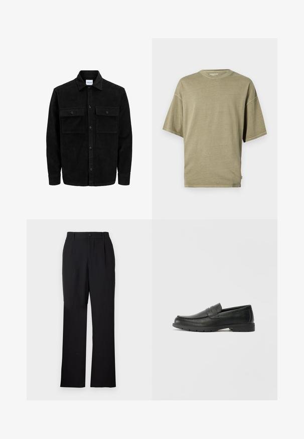Black corduroy button-up jacket with two front flap pockets and a classic collar, long sleeves, and ribbed texture.; Olive green short-sleeve t-shirt made of soft fabric, featuring a round neckline and a relaxed fit with stitched hems.; Only & Sons ONSJEREMY LOOSE PANT - Trousers - black; Black leather loafers with a smooth finish, moccasin-style upper, stitched detailing, and a rubber sole. Classic design with a low heel.