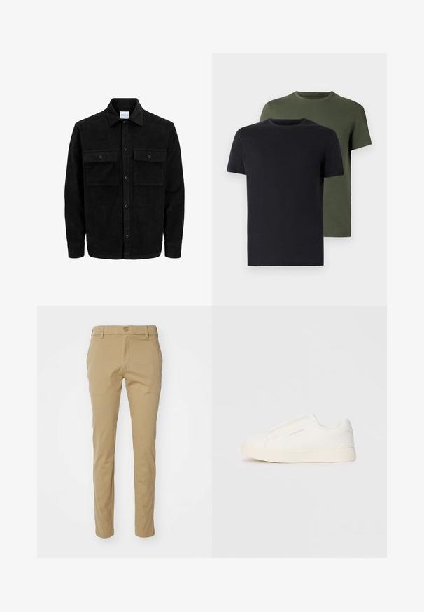 Juodas velveto mygtukų švarkas su dviem priekiniais kišenėmis su atvartais, klasikiniu apykakle, ilgomis rankovėmis ir raukšlėtu paviršiumi.; Du vtų polo marškiniai juodos ir alyvuogių spalvos, pagaminti iš minkštos medvilnės. Dizainas yra paprastas, su trumpomis rankovėmis ir tiesiu kirpimu.; Chaki kelnės, pagamintos iš lengvos medvilnės, su slim-fit dizainu, lygiu tekstūra ir standartiniu juosmens diržu su užsegimu viršutiniu mygtuku.; Baltos slip-on sportbačiai su tekstūruota paviršiumi, storesniu padu ir minimalistišku dizainu. Šone matosi prekės ženklo logotipas.