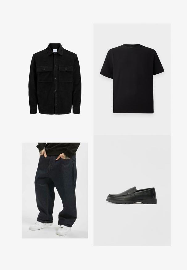 Giacca in corduroy nera con bottoni, due tasche anteriori con patta, colletto classico, maniche lunghe e texture a coste.; T-shirt corto nero a maniche corte realizzato in tessuto testurizzato, con scollatura rotonda e vestibilità comoda. Semplice, senza motivi o dettagli.; ecko unltd. BAGGYS 2Y FAT BRO - Jeans baggy - indigo; Mocassini neri in pelle con una finitura liscia, parte superiore in stile mocassino, dettagli cuciti e suola in gomma. Design classico con tacco basso.