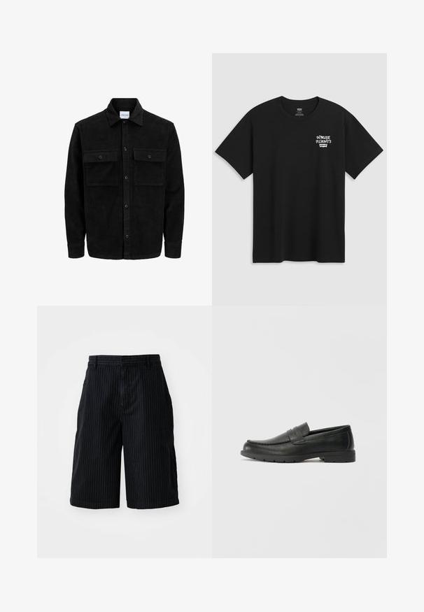 Svart kordfløyels knappjakke med to frontlommer med klaff og klassisk krage, lange ermer og ribbet tekstur.; Svart bomull t-skjorte med brysttrykk som leser "HUSPLANTER" i hvit stilisert skrift med "Levi's" under. Klassisk crew-hals.; BDG Urban Outfitters STRIPED WORKER - Jeansshorts - black; Svart skinnloafers med glatt finish, mokkasin-stil overdel, broderte detaljer og gummisåle. Klassisk design med lav hæl.