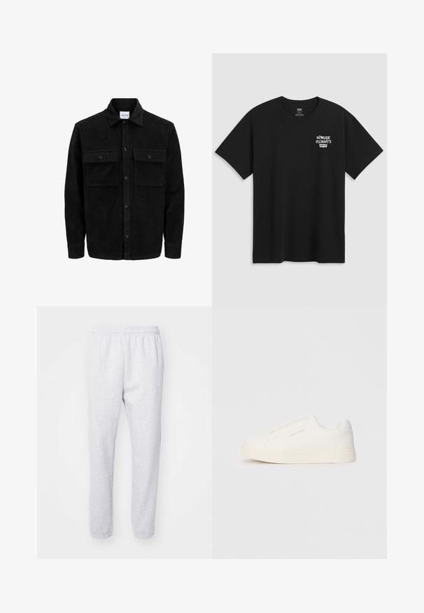 Melnas kordūru pogu jaka ar divām priekšējām atloka kabatām un klasisku apkakli, garām piedurknēm un ribotu tekstūru.; Melna kokvilnas T-kreklu ar krūtīm drukātu uzrakstu "HOUSE PLANTS" baltā stilizētā fontā ar "Levi's" zemāk. Klasisks apaļais kakls.; Gaisā pelēkā krāsā izgatavotas sporta bikses no mīksta kokvilnas maisījuma, ar elastīgu jostasvietu un piegrieztiem aprociņām pie potītēm. Nav redzamu rakstu vai logo.; Baltas slip-on sporta apavi ar teksturētu virsmu, biezu zoli un minimālistisku dizainu. Sānos redzams zīmola logotips.