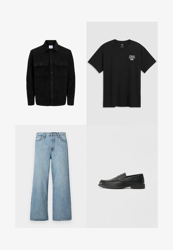 Jachetă din catifea neagră, cu butoni, două buzunare frontale cu clapetă și un guler clasic, mâneci lungi și textură ribbed.; Tricou negru din bumbac, cu un imprimeu pe piept care spune "PLANTE DE CASĂ" cu un font alb stilizat, având "Levi's" dedesubt. Decolteu clasic tip crew.; Jeans largi de culoare albastră deschisă, confecționați din denim, cu închidere prin nasture, ușor decolorate și design standard cu cinci buzunare.; Labeled cu oglindă din piele neagră cu un finisaj neted, partea superioară în stil mocasin, detalii cusute și o talpă din cauciuc. Design clasic cu un toc jos.