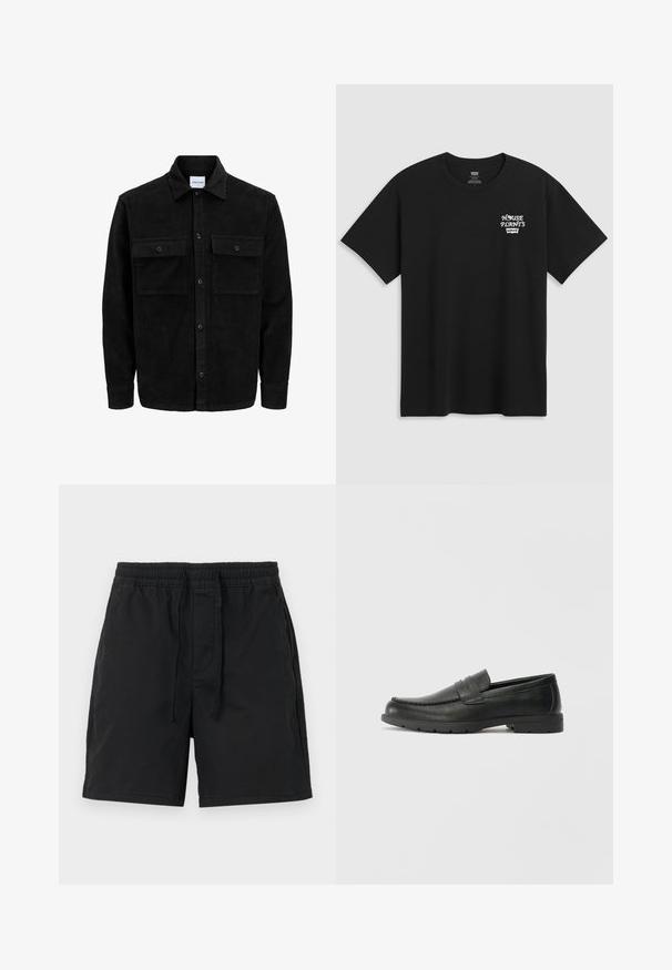 Giacca in corduroy nera con bottoni, due tasche anteriori con patta, colletto classico, maniche lunghe e texture a coste.; T-shirt in cotone nero con stampa sul petto che recita "HOUSE PLANTS" in carattere stilizzato bianco, con "Levi's" sotto. Collo a giroclassico.; Pantaloni corti neri con vita elasticizzata e cordoncino. Realizzati in tessuto leggero con tasche laterali e un design semplice e classico.; Mocassini neri in pelle con una finitura liscia, parte superiore in stile mocassino, dettagli cuciti e suola in gomma. Design classico con tacco basso.