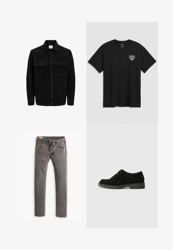 Černá kordurová košile s knoflíky, dvěma předními klopovými kapsami a klasickým límcem, dlouhými rukávy a vroubkovanou texturou.; Černé bavlněné tričko s potiskem na hrudi, který zní "HOUSE PLANTS" v bílém stylizovaném písmu s "Levi's" pod ním. Klasický výstřih ve stylu crew.; Šedé džíny s rovný střih, zapínání na knoflíky, pět kapsami a oranžovými švy podél švů.; Černé semišové společenské boty s zaoblenou špičkou, kontrastním prošíváním a gumovou podrážkou. Vyznačují se minimálním šněrováním a hladkým designem svršku.