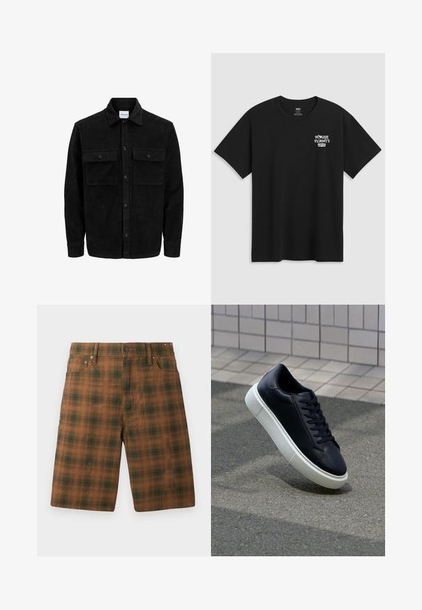 Veste en velours côtelé noire à boutons, avec deux poches à rabat à l'avant et un col classique, des manches longues et une texture côtelée.; T-shirt noir en coton avec un imprimé sur la poitrine portant la mention "PLANTES D'INTÉRIEUR" en police stylisée blanche, avec "Levi's" en dessous. Encolure classique. ; Shorts à carreaux marron avec un motif texturé, présentant une coupe classique, cinq poches et des accessoires en métal à la taille.; Baskets noires en cuir avec bout arrondi et semelle en caoutchouc blanc. Elles présentent des lacets plats et une couture minimale sur la tige. Semelle texturée pour une bonne adhérence.