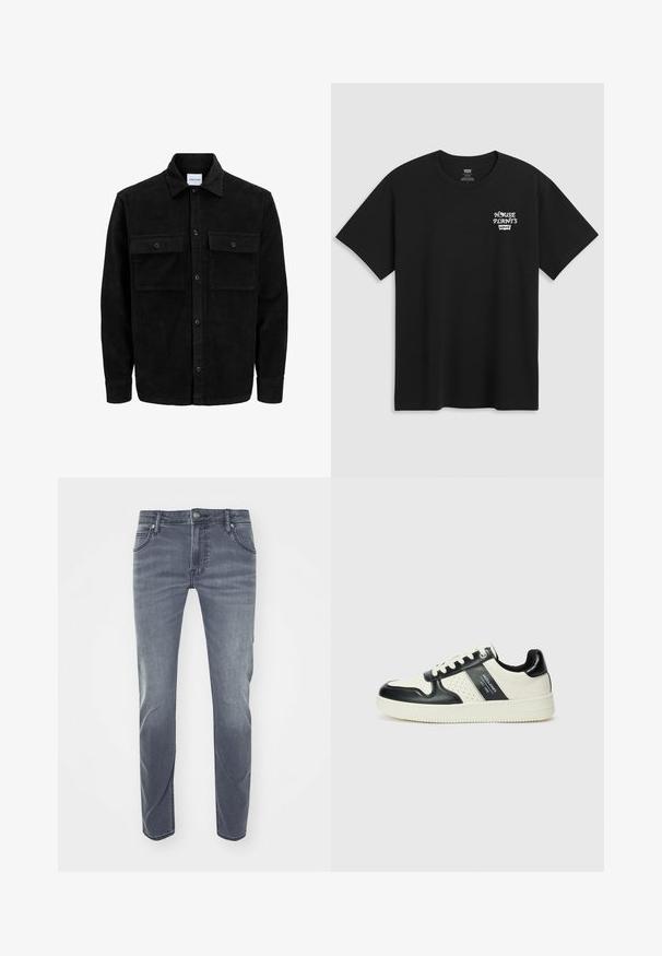 Črna kordurojska jakna z gumbi, z dvema sprednjima žepoma z zavihkom in klasičnim ovratnikom, dolgimi rokavi ter rebrasto teksturo.; Črna bombažna majica s tiskom na prsih, ki prebere "HOUSE PLANTS" v beli stilizirani pisavi, pod njim pa je zapisano "Levi's". Klasičen kroj z okroglim izrezom.; Temno modri jeans s ravnim krojem, rahlo polegajan, z zankami za pas, sprednjimi žepi in majhnim logotipom na pasu.; Usnjeni športni čevlji z črno in krem barvno shemo, ki vključujejo perforirane dodatke, podložen ovratnik in strukturirano podplat.