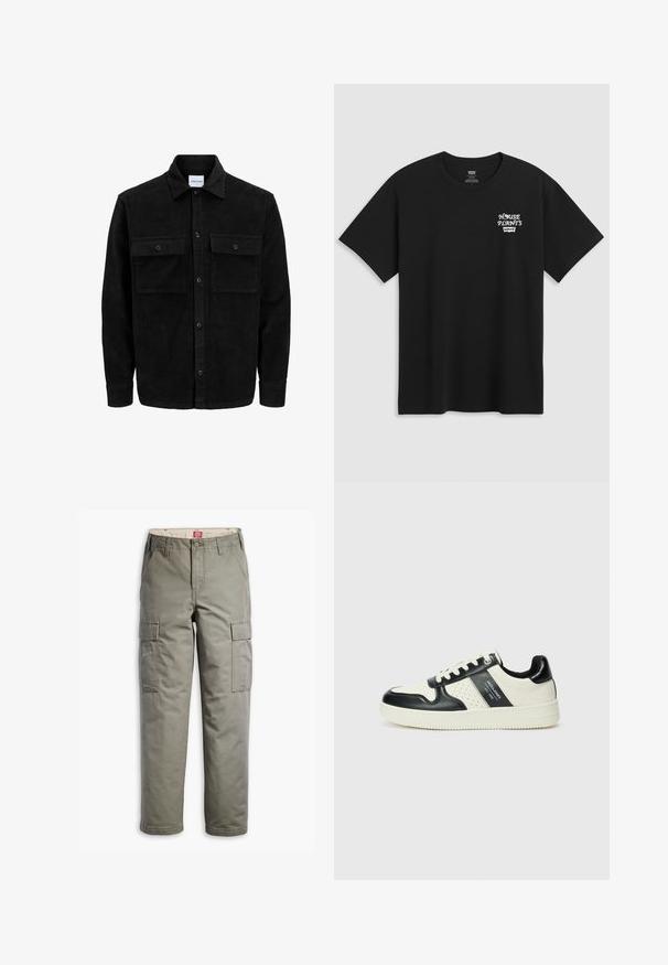 Černá kordurová košile s knoflíky, dvěma předními klopovými kapsami a klasickým límcem, dlouhými rukávy a vroubkovanou texturou.; Černé bavlněné tričko s potiskem na hrudi, který zní "HOUSE PLANTS" v bílém stylizovaném písmu s "Levi's" pod ním. Klasický výstřih ve stylu crew.; Olivově zelené cargo kalhoty z odolné bavlněné směsi, s bočními kapsami, rovnými nohavicemi a zapínáním na knoflík.; Kožené tenisky s černobílou barevnou kombinací, které mají perforované detaily, polstrovaný límec a texturovanou podrážku.