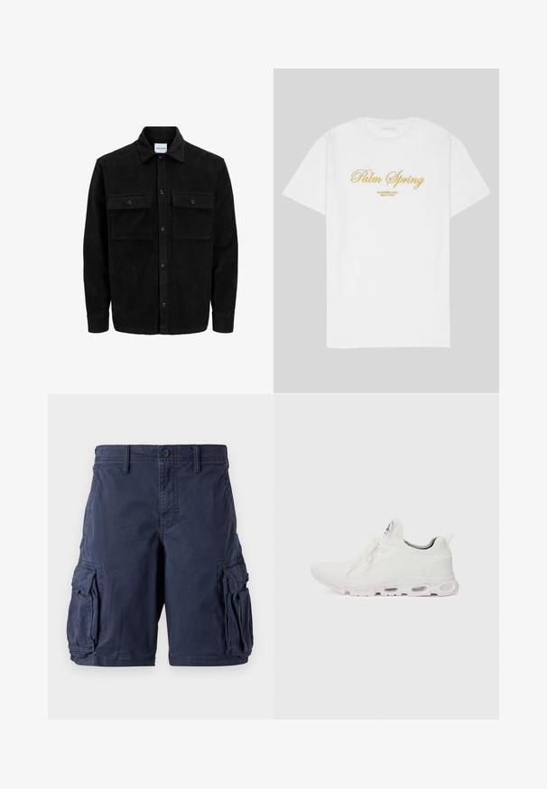 Juodas velveto mygtukų švarkas su dviem priekiniais kišenėmis su atvartais, klasikiniu apykakle, ilgomis rankovėmis ir raukšlėtu paviršiumi.; Balta medvilnės marškinėliai su auksiniu užrašu "Palm Spring" ir "California Love Eighty Five" žemiau, laisvas kirpimas, apvalus kaklas.; Tamsiai mėlynos cargo šortai, pagaminti iš medvilnės. Turi kelis šoninius kišenes, mygtuko užsegimą ir laisvą kirpimą. Lygi tekstūra ir patvarus dizainas.; Baltos sportinės detalės batai su tekstūruotu megztu viršumi, plokščiais raišteliais ir paminkštintu padu, kuriame matomos oro kameros papildomam palaikymui.