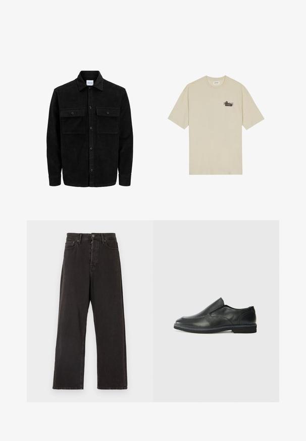 Chaqueta de pana negra con botones, dos bolsillos delanteros con solapa y un cuello clásico, mangas largas y textura acanalada.; Camiseta de algodón beige con mangas cortas, cuello redondo y estampado gráfico negro con la palabra "ROME" en la parte delantera.; Jeans de pernera ancha negros hechos de mezclilla, con cierre de botón y cremallera, trabillas para cinturón y bolsillos laterales con una textura sutil.; Zapato negro de cuero sin cordones con un upper suave, detalles de costura, punta redonda y un bajo tacón de goma. La suela presenta una tracción mínima.