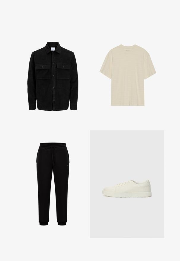 Schwarze Corduroy-Button-Up-Jacke mit zwei frontalem Klappentaschen und klassischem Kragen, langen Ärmeln und gerippter Textur.; Cremfarbener T-Shirt mit kurzen Ärmeln, das über eine subtile gestreifte Textur und einen runden Ausschnitt verfügt, aus leichtem Stoff gefertigt.; Schwarze Jogginghose mit elastischem Bund, Kordelzug, seitlichen Taschen, gerippten Bündchen und einem kleinen rechteckigen Logo am rechten Oberschenkel.; Beige Leinensneaker mit runder Zehenpartie, Schnürdesign und strukturierter Oberfläche. Verfügt über ein dezentes Logo an der Seite und eine strapazierfähige Gummisohle.