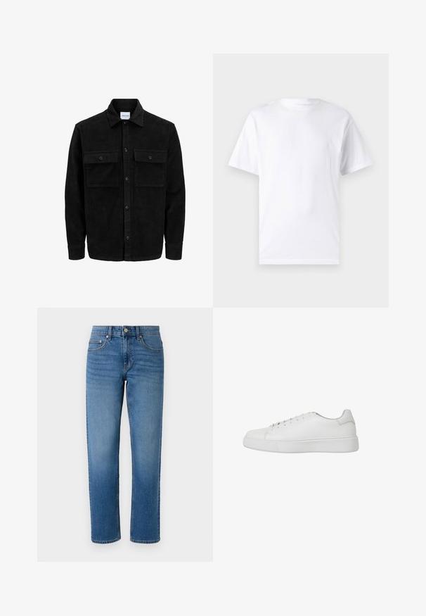 Crni kožni kord jakna na dugmad s dva prednja džepa s preklopom i klasičnim ovratnikom, dugim rukavima i rebrastom teksturom.; Bijela kratka majica s kratkim rukavima od pamuka s okruglim izrezom, s glatkom teksturom i jednostavnim dizajnom bez uzoraka ili naglasaka.; Plave traperice s ravnim nogavicama, s prednjim džepovima, patentnim zatvaračem i kopčanjem na dugme. Gladak materijal i klasično pranje trapera.; Bijele tenisice od glatke kože s okruglim vrhom, šavovima i ravnim gumenenim potplatom. Minimalistički dizajn s vezanjem.