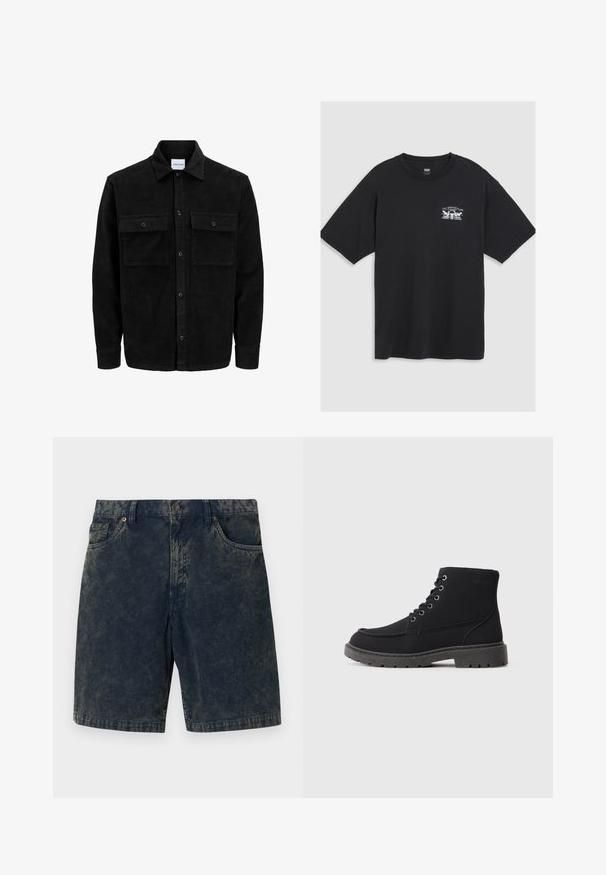 Juodas velveto mygtukų švarkas su dviem priekiniais kišenėmis su atvartais, klasikiniu apykakle, ilgomis rankovėmis ir raukšlėtu paviršiumi.; Juodas medvilninis marškinėliai trumpomis rankovėmis, apvaliu kaklu, su maža balta grafika krūtinėje, vaizduojančia stilizuotą dizainą.; Tamsiai mėlyni šortai iš veliūro su sagos uždarymu, dviem priekinėmis kišenėmis ir subtiliomis šviesesnėmis juostelėmis audinyje.; Juodi kulkšniai pagaminti iš tekstūruoto paviršiaus, su plokščiu padu, apvalia nosimi ir šešiomis akių raištėmis. Sustiprintas siuvimas aplink kraštą.