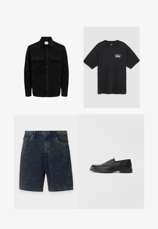 Čierna kordúrová bunda s gombíkmi, dvoma prednými vreckami so záklopkou a klasickým golierom, dlhými rukávmi a ryhovanou textúrou.; Čierne bavlnené tričko s krátkymi rukávmi, okrúhlym výstrihom a malým bielym grafickým potlačou na hrudi, ktorá zobrazuje stylizovaný dizajn.; Tmavomodré kordové šortky s gombíkovým zapínaním, dvoma prednými vreckami a jemnými svetlejšími prúžkami na látke.; Čierne kožené mokasíny s hladkým povrchom, vrchnou časťou v štýle mokasín, prešitým detailom a gumovou podrážkou. Klasický dizajn s nízkym podpätkom.