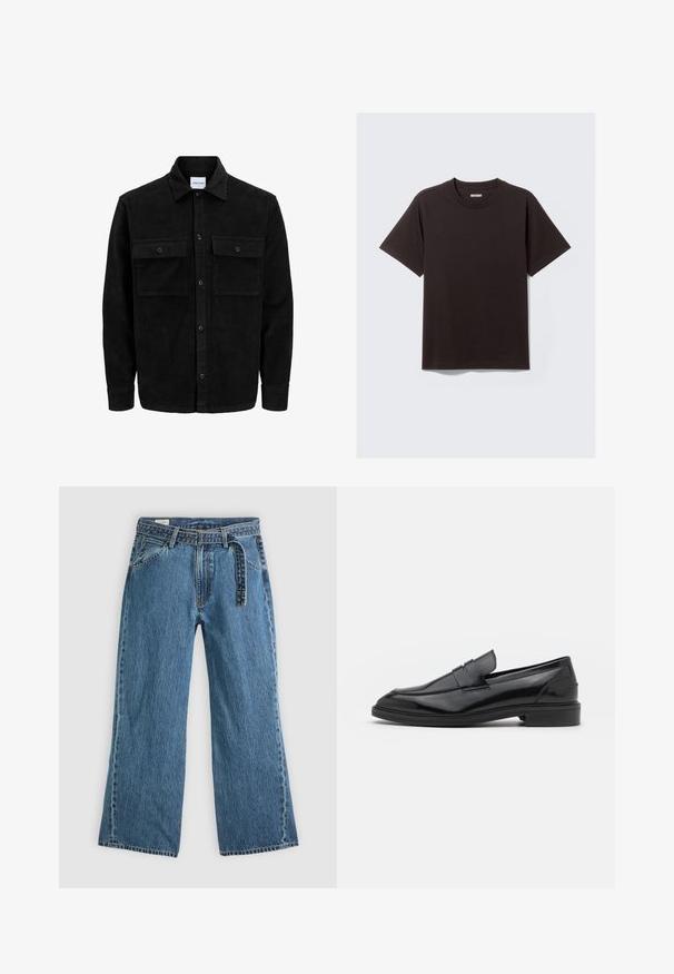 Czarna kurtka z korduru z guzikami, z dwoma przednimi kieszeniami na klapki oraz klasycznym kołnierzem, długimi rękawami i ryżowym splotem.; Jednolity czarny t-shirt z krótkim rękawem, wykonany z bawełny, z okrągłym dekoltem i małą metką "WEEKDAY" na wewnętrznej stronie kołnierza z tyłu.; Niebieskie dżinsowe spodnie szerokie z dołączonym paskiem, kieszeniami z przodu i widocznym przeszyciem na jednolitym jasnym tle.; Czarne skórzane mokasyny o gładkim wykończeniu, z zaokrąglonym noskiem i wąskim paskiem na górze. Niski, warstwowy obcas.
