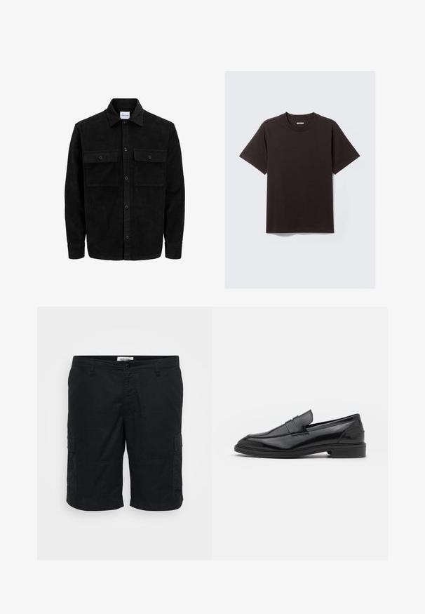 Mustmustöös nupuga jope, millel on kaks eesmist klapiga taskut ja klassikaline kaelus, pikad varrukad ning ribakujuline tekstuur.; Üksikasjas must lühikeste varrukatega puuvillane T-särk, millel on ümar kaelus ja väike "WEEKDAY" silt taga kaela sisepinnal.; Mustad mustad lühikesed püksid, mis on valmistatud puuvillast. Omadused sisaldavad kahte küljetaskut, mugavat lõiget ning siledat esiosa, millel on nööbiga sulgemine.; Mustad nahast loafers, millel on sile viimistlus, ümar varvas ja kitsas riba peal. Madal kühveldatud konts.