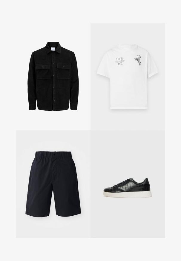 Schwarze Corduroy-Button-Up-Jacke mit zwei frontalem Klappentaschen und klassischem Kragen, langen Ärmeln und gerippter Textur.; Weißes Baumwoll-T-Shirt mit einem schwarzen Grafikdruck eines geflügelten Figures und Text, mit Rundhalsausschnitt und kurzen Ärmeln.; Schwarze Shorts aus leichtem Material, mit flachem Frontdesign, elastischem Bund und seitlichen Taschen. Einfaches Design ohne Muster.; Schwarze Sneakers mit einer strukturierten, krokodilPrägung aus Leder, runder Zehenpartie und einer kontrastierenden weißen Gummisohle mit glatter Oberfläche.