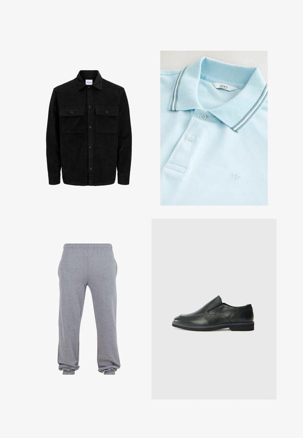 Zwarte corduroy knopenjack met twee voorste klepzakken en een klassieke kraag, lange mouwen en ribbelstructuur.; Lichtblauwe polo gemaakt van een gestructureerde stof. Heeft een klassieke kraag met grijze en witte strepen, twee knopen en een klein kroonlogo.; Grijze sweatpants gemaakt van zachte stof, met een elastische tailleband, zijzakken en taps toelopende boorden bij de enkels voor een ontspannen pasvorm.; Zwarte leren instapper met een soepele bovenkant, gestikte accenten, ronde neus en een lage rubberen hak. De zool heeft minimale profiel.