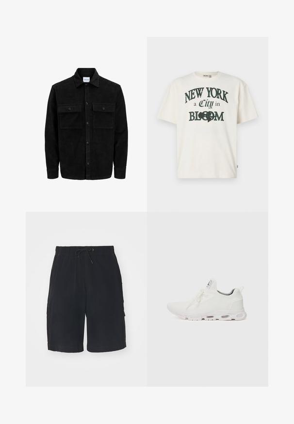 Giacca in corduroy nera con bottoni, due tasche anteriori con patta, colletto classico, maniche lunghe e texture a coste.; T-shirt in cotone color crema con maniche corte, caratterizzata da una stampa che dice "NEW YORK una Città in FIORI" in verde scuro.; Pantaloni cargo neri con vita elastica, cordoncino, tasche laterali e cuciture a contrasto. Realizzati in tessuto leggero.; Scarpe atletiche bianche con tomaia in maglia testurizzata, lacci piatti e una suola ammortizzata con camere d'aria visibili per un supporto aggiuntivo.