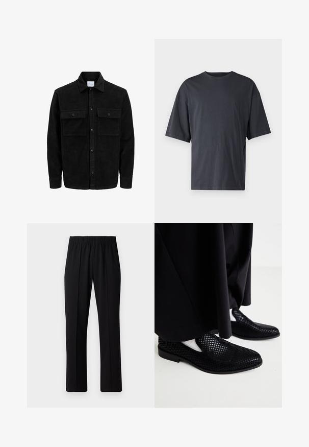 Černá kordurová košile s knoflíky, dvěma předními klopovými kapsami a klasickým límcem, dlouhými rukávy a vroubkovanou texturou.; Tmavě šedé tričko s krátkým rukávem vyrobené z lehké bavlny, s volným střihem a klasickým kulatým výstřihem, s jednolitou strukturou a bez vzorů.; Černé kalhoty s elastickým pasem a rovnými nohavicemi, s hladkým povrchem a bez viditelných vzorů nebo kovových doplňků.; Černé perforované slip-on boty s plochou podrážkou a hladkým povrchem. Minimalistický design se stranovými výřezem. V kombinaci s černými kalhotami.