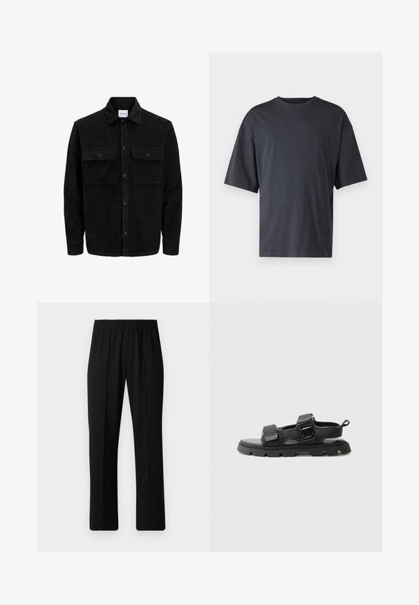 Schwarze Corduroy-Button-Up-Jacke mit zwei frontalem Klappentaschen und klassischem Kragen, langen Ärmeln und gerippter Textur.; Dunkelgraues Kurzarm-T-Shirt aus leichtem Baumwollmaterial, mit lockerer Passform und klassischem Rundhalsausschnitt, in einfarbigem Design ohne Muster.; Schwarze, Gummibund-Hosen mit geradem Schnitt, die eine glatte Textur aufweisen und keine sichtbaren Muster oder Beschläge haben.; Schwarze Sandalen mit einem strukturierten Obermaterial aus Stoff, breiten Riemen, Metall-Schnallenakzenten und einer dicke Gummisohle mit einem Profilmuster.
