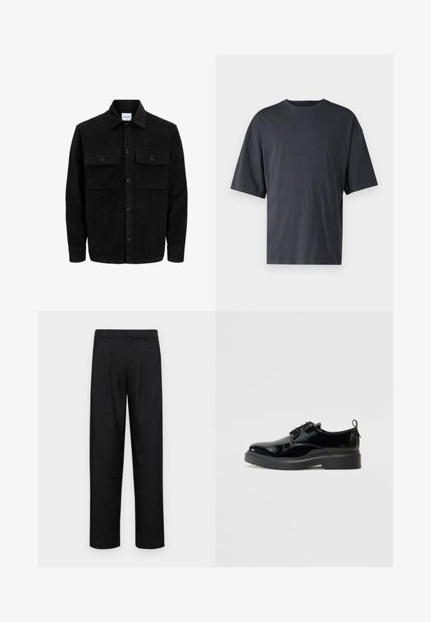 Jachetă din catifea neagră, cu butoni, două buzunare frontale cu clapetă și un guler clasic, mâneci lungi și textură ribbed.; Tricou scurt din bumbac ușor, de culoare gri închis, cu un croi lejer și guler clasic la baza gâtului, având o textură simplă și fără modele.; Pantaloni negri dintr-un material neted, cu un design drept, două pliuri frontale și un tiv standard cu bucle pentru curea.; Pantof Black din piel lacuit, cu sireturi, cu talpă din cauciuc groasă și tab pe călcâi, prezentat din partea interioară pe un fundal alb.