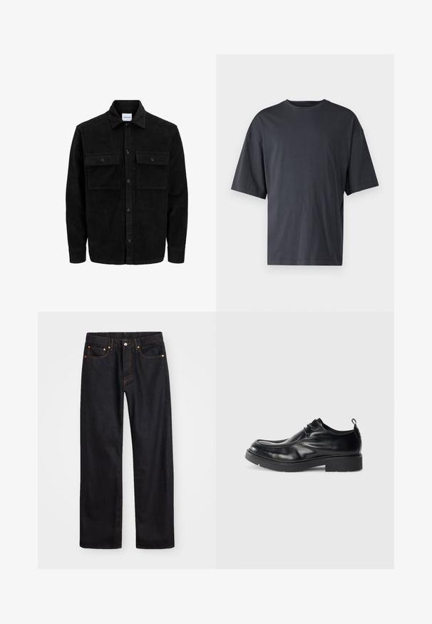 Zwarte corduroy knopenjack met twee voorste klepzakken en een klassieke kraag, lange mouwen en ribbelstructuur.; Donkergrijs T-shirt met korte mouwen, gemaakt van lichtgewicht katoen, met een losse pasvorm en een klassieke ronde hals, met een effen textuur en zonder patronen.; Heren straight-leg zwarte denim jeans met vijf zakken en oranje stiksels, knoop- en ritssluiting op de voorkant van de tailleband.; Zwarte leren dresscode met ronde neus, vetersluiting aan de voorkant en een decoratieve naad. Beschikt over een dikke, gestructureerde rubberen zool en een hieltab.