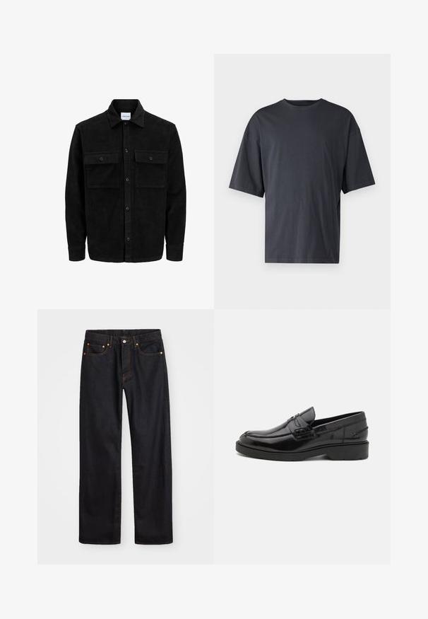 Juodas velveto mygtukų švarkas su dviem priekiniais kišenėmis su atvartais, klasikiniu apykakle, ilgomis rankovėmis ir raukšlėtu paviršiumi.; Tamsiai pilkas trumpas rankovėmis marškinėliai, pagaminti iš lengvos medvilnės, su laisvu kirpimu ir klasikinės apvalios iškirptės dizainu, be raštų ir su vientisu paviršiumi.; Vyrų tiesaus kirpimo juodi džinsai iš denim medžiagos, su penkiomis kišenėmis ir oranžinėmis siūlėmis, su mygtuko ir užtrauktuko uždarymu ant priekio.; Juodos odinės loafer'iai su lygiu paviršiumi, apvalia nosimi, žemu kulnu ir dekoratyvinėmis siūlėmis priekyje. Gumos padas suteikia sukibimą.