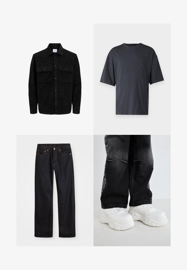 Black corduroy button-up jacket with two front flap pockets and a classic collar, long sleeves, and ribbed texture.; Dark gray short-sleeve t-shirt made of lightweight cotton, featuring a loose fit and classic crew neckline, with plain texture and no patterns.; Men’s straight-leg black denim jeans with five pockets and orange stitching, button and zip closure on front waistband.; White chunky sneakers with textured soles and lace-up design, paired with black denim pants featuring side embroidery accents.