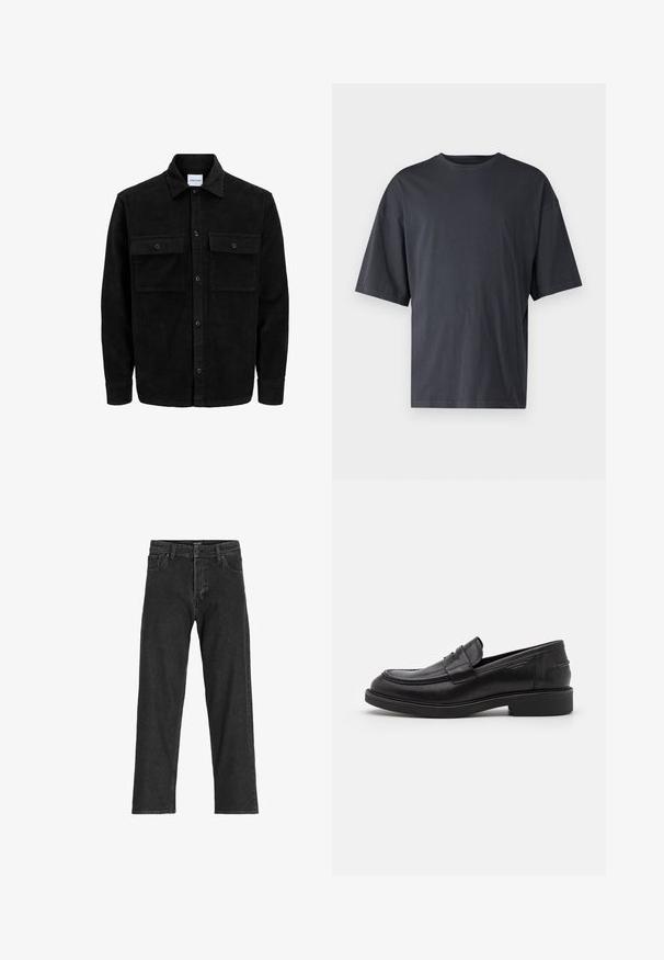 Svart kordflodjacka med knappar, två framfickor med klaff och klassisk krage, långa ärmar och ribbad textur.; Mörkgrå t-shirt med kort ärm i lättviktsbomull, med en lös passform och klassisk rundhalsringning, med slät textur och utan mönster.; Svarta denimjeans med rak passform, featuring dragkedja, bälteslöljer och sex fickor, tillverkade av en kraftig bomullsblandning.; Svarta läderskor i loafermodell med rund tå, ton-i-ton sömmar och ett banddetalj fram. Gummisula med låg klack.