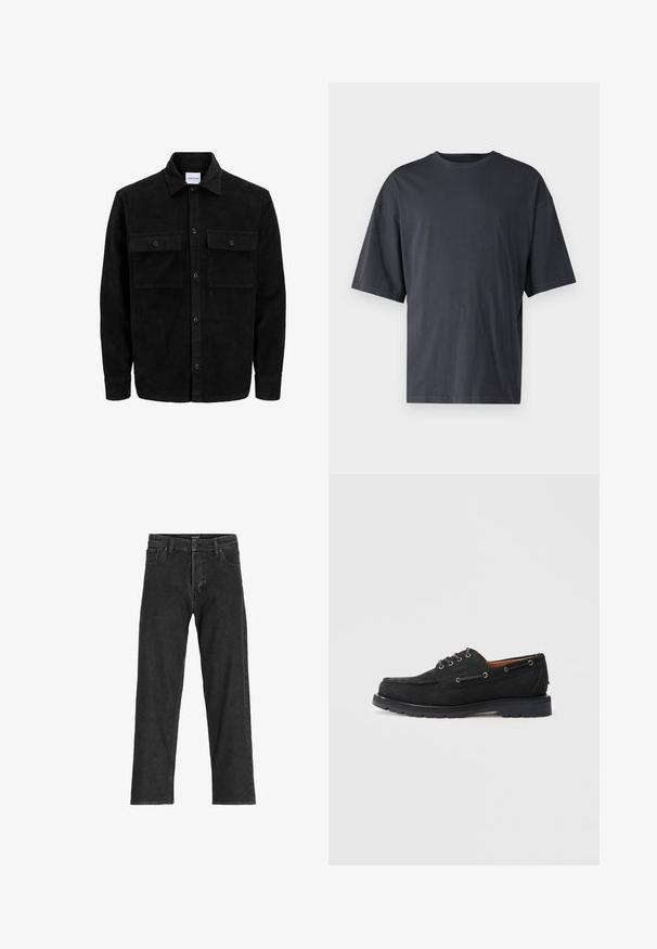 Crni kožni kord jakna na dugmad s dva prednja džepa s preklopom i klasičnim ovratnikom, dugim rukavima i rebrastom teksturom.; Tamno siva kratka majica s kratkim rukavima, izrađena od laganog pamuka, s opuštenim krojem i klasičnim okruglim izrezom, bez uzoraka i teksta.; Crne traperice s ravnim krojem, s patentnim zatvaračem, petljama za pojas i šest džepova, izrađene od čvrste mješavine pamuka.; Crne antilop čamče cipele s vezanjem, metalnim očicama, kontrastnim šavovima i čvrstim gumenim potplatom za bolju prianjaju.