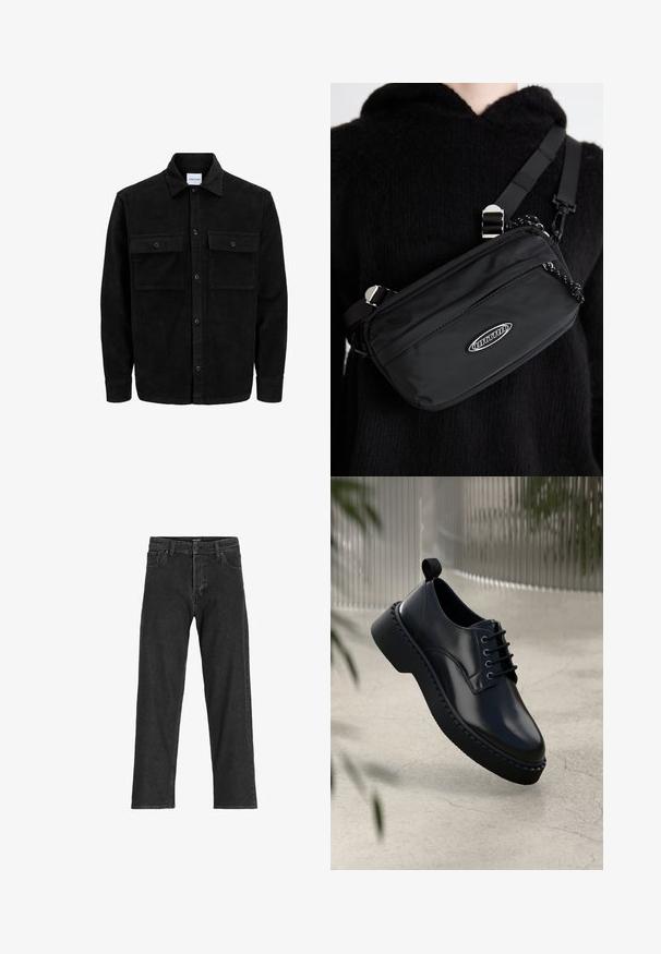 Black corduroy button-up jacket with two front flap pockets and a classic collar, long sleeves, and ribbed texture.; Dark gray short-sleeve t-shirt made of lightweight cotton, featuring a loose fit and classic crew neckline, with plain texture and no patterns.; Black denim jeans with a straight leg design, featuring a zip fly, belt loops, and six pockets, made from a sturdy cotton blend fabric.; Black leather shoe with a rounded toe, lace-up design, and a thick rubber sole featuring a textured edge. Sleek finish and minimal hardware.; Black nylon crossbody bag with adjustable strap, featuring a smooth texture, a front zipper pocket, and a logo accent.; White pearl necklace with a uniform round shape, smooth surface, and metal clasp with an extension chain for adjustable length.