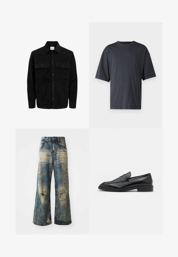 Melnas kordūru pogu jaka ar divām priekšējām atloka kabatām un klasisku apkakli, garām piedurknēm un ribotu tekstūru.; Tumši pelēkas īsām piedurknēm T-krekls, izgatavots no viegla kokvilnas, ar brīvu piegriezumu un klasisku apaļu kakla izgriezumu, bez rakstiem un ar vienveidīgu faktūru.; Izbalējuši zilie platā iegriezuma džinsi ar saplēstiem caurumiem un saplīsusi apakšmalu. Iezīmē tradicionālo piecu kabatu dizainu un jostu cilpiņas jostasvietā.; Melnas ādas loafers ar gludu virsmu, ar noapaļotu purngalu un šauru joslu pāri augšdaļai. Zems kaudzes papēdis.