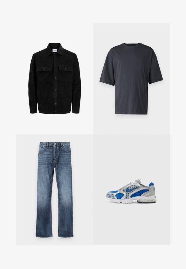 Črna kordurojska jakna z gumbi, z dvema sprednjima žepoma z zavihkom in klasičnim ovratnikom, dolgimi rokavi ter rebrasto teksturo.; Temno siva majica s kratkimi rokavi iz lahkotnega bombaža, z ohlapnim krojem in klasičnim okroglim izrezom, z enostavno teksturo in brez vzorcev.; Mračne modre kavbojke s ravnim krojem, sprednjimi žepi, gumbom za zapiranje in svetlim zbledeljem na robu. Brez okraskov.; Modri in srebrni športni čevlji z mrežastimi paneli, podloženim ovratnikom in prozornim podplatom z modrimi detajli. Kontrastne vezalke dopolnjujejo obliko.