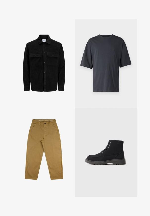 Juodas velveto mygtukų švarkas su dviem priekiniais kišenėmis su atvartais, klasikiniu apykakle, ilgomis rankovėmis ir raukšlėtu paviršiumi.; Tamsiai pilkas trumpas rankovėmis marškinėliai, pagaminti iš lengvos medvilnės, su laisvu kirpimu ir klasikinės apvalios iškirptės dizainu, be raštų ir su vientisu paviršiumi.; Tan spalvos laisvi kelnių kelniai, pagaminti iš patvarios medvilnės. Yra sagos uždarymas, penkių kišenių dizainas ir etiketė ant juosmens su tekstu.; Juodi kulkšniai pagaminti iš tekstūruoto paviršiaus, su plokščiu padu, apvalia nosimi ir šešiomis akių raištėmis. Sustiprintas siuvimas aplink kraštą.