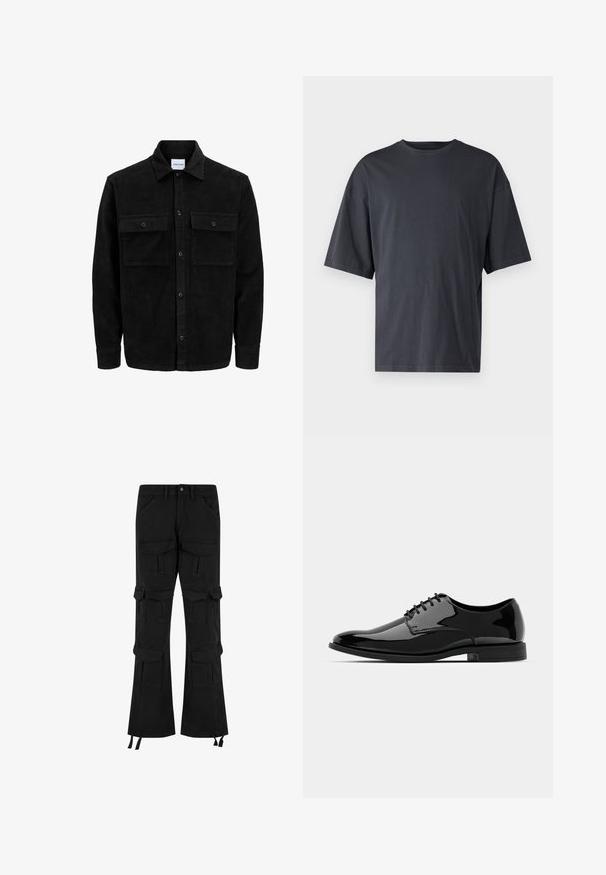 Jachetă din catifea neagră, cu butoni, două buzunare frontale cu clapetă și un guler clasic, mâneci lungi și textură ribbed.; Tricou scurt din bumbac ușor, de culoare gri închis, cu un croi lejer și guler clasic la baza gâtului, având o textură simplă și fără modele.; Pantaloni cargo negri din denim, cu multiple buzunare, un design cu picior larg și șnururi ajustabile la tiv.; Pantofii din piele lacuită neagră, cu vârful rotund, design cu șireturi și suprafață netedă, strălucitoare. Au o talpă din cauciuc cu profil jos.