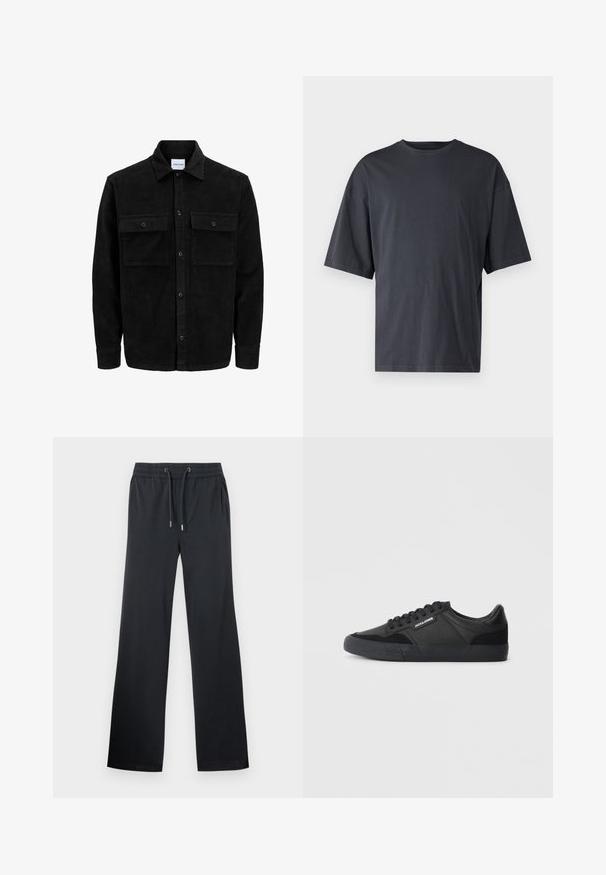 Juodas velveto mygtukų švarkas su dviem priekiniais kišenėmis su atvartais, klasikiniu apykakle, ilgomis rankovėmis ir raukšlėtu paviršiumi.; Tamsiai pilkas trumpas rankovėmis marškinėliai, pagaminti iš lengvos medvilnės, su laisvu kirpimu ir klasikinės apvalios iškirptės dizainu, be raštų ir su vientisu paviršiumi.; Juodi plačios kojos kelnės, pagamintos iš minkštos medžiagos. Su elastingu juosmeniu ir raišteliu, turi subtilų blizgesį. Be matomų raštų ar akcentų.; Juodi kedai, pagaminti iš odos ir zomšos, su apvaliais raišteliais, tekstūruota guma padais ir prekės ženklo logotipu šone.