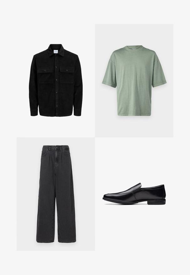 Črna kordurojska jakna z gumbi, z dvema sprednjima žepoma z zavihkom in klasičnim ovratnikom, dolgimi rokavi ter rebrasto teksturo.; Svetlo zelena kratka majica s kratkimi rokavi in zaobljenim izrezom; izdelana iz mehke tkanine z gladko teksturo.; Široke hlače iz črnega denima z visokim pasom, z zapiranjem na gumb in zadrgo spredaj, ki imajo stranske žepe in gladko teksturo.; Črne usnjene natikače s koničastim prstom, poliranim zaključkom, subtilnimi šivi in nizkim profilom gumijastega podplata.