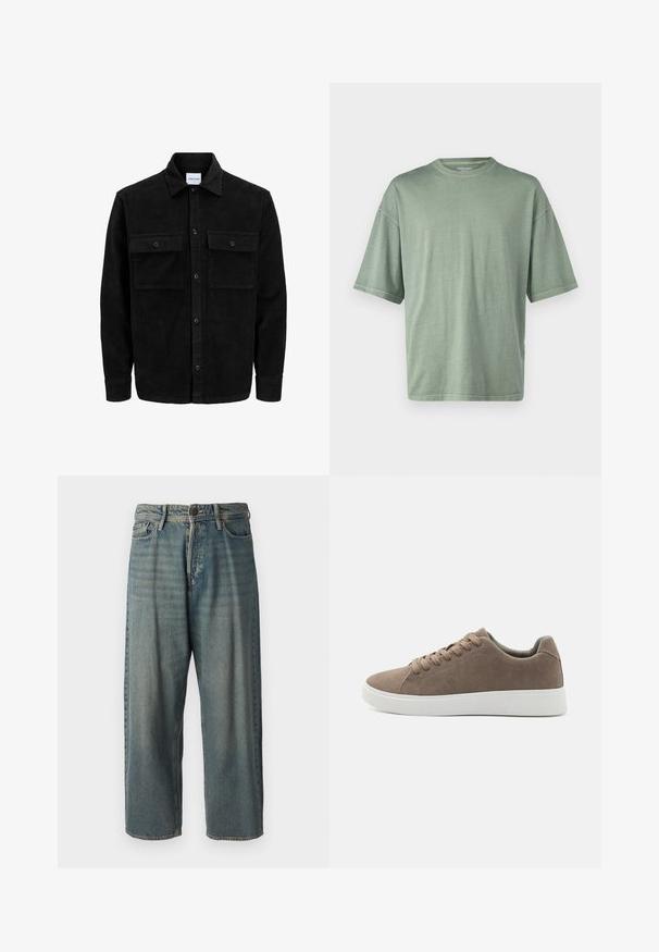 Mustmustöös nupuga jope, millel on kaks eesmist klapiga taskut ja klassikaline kaelus, pikad varrukad ning ribakujuline tekstuur.; Hele roheline lühikeste varrukatega T-särk ümmarguse kaelusega ja mugava lõikega; valmistatud pehmest materjalist, millel on sujuv tekstuur.; Heledad sinine denim-stiilis teksad, volüümse lõike, keskmise kõrgusega talje ja sirgete säärega. Omab viit taskut, vöökumme ja nööpide sulgemist.; Pruunid sametist tossud lame valge kummist tallaga, nöörimise disainiga, ümar nina ja siledat tekstuuri. Minimalistlik stiil koos diskreetsete õmblusdetailidega.