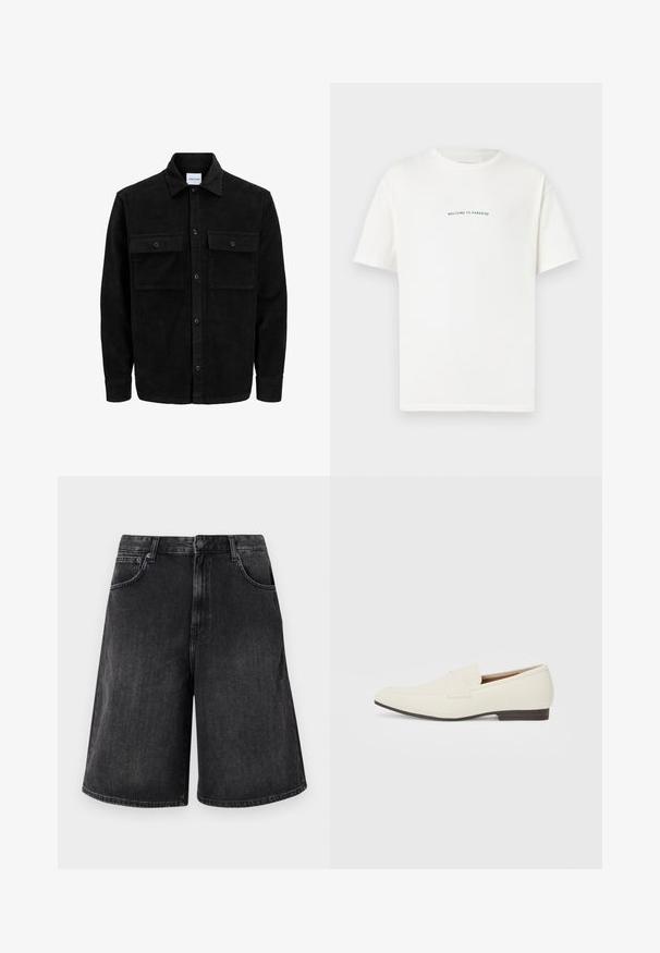 Juodas velveto mygtukų švarkas su dviem priekiniais kišenėmis su atvartais, klasikiniu apykakle, ilgomis rankovėmis ir raukšlėtu paviršiumi.; Balta medvilninė marškinėliai trumpomis rankovėmis ir apvaliu iškirpimu. Viduryje esantis tekstas sako "SVEIKI ATVYKĘ Į PARADISĄ" kreiptu žaliu šriftu.; Juodi džinsiniai šortai su plačiu tiesiu kirpimu, su priekiniais mygtukais ir penkiomis kišenėmis. Minkšta tekstūra su išblukusiu apdailos efektu.; Šviesiai smėliniai loaferiai su smailiu pirštu, lygaus paviršiaus, dirželiu per viršų ir žema ruda padanga. Paprastas dizainas su minimaliais akcentais.