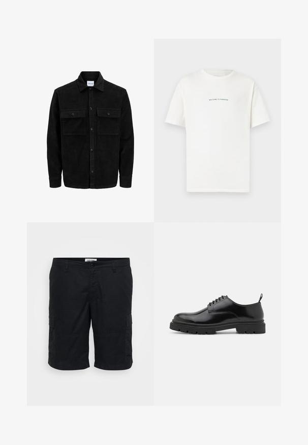 Černá kordurová košile s knoflíky, dvěma předními klopovými kapsami a klasickým límcem, dlouhými rukávy a vroubkovanou texturou.; Bílý bavlněný tričko s krátkým rukávem a kulatým výstřihem. Uprostřed je napsáno "VÍTÁME V RÁJI" křivým zeleným písmem.; Černé cargo šortky vyrobené z bavlny. Mezi dalšími vlastnostmi jsou dvě postranní kapsy, uvolněný střih a plochý přední díl se zapínáním na knoflík.; Černé kožené šněrovací boty s kulatou špičkou, hladkým povrchem a drsnou gumovou podrážkou. Mají malý podpatek a poutko na zadní straně.