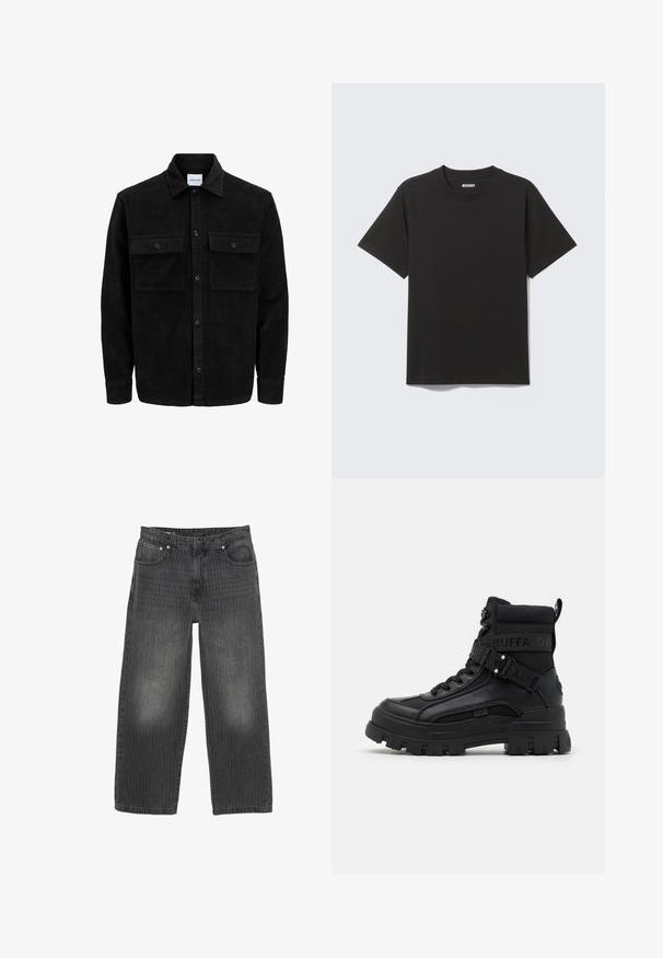 Giacca in corduroy nera con bottoni, due tasche anteriori con patta, colletto classico, maniche lunghe e texture a coste.; T-shirt nera a maniche corte in morbido cotone, con scollo rotondo e design semplice senza motivi o accenti.; Jeans in denim nero a gamba larga con sottili righe verticali, design a cinque tasche e chiusura frontale con bottoni. Texture consumata vicino alle tasche.; Buffalo ASPHA - Stivaletti stringati - black