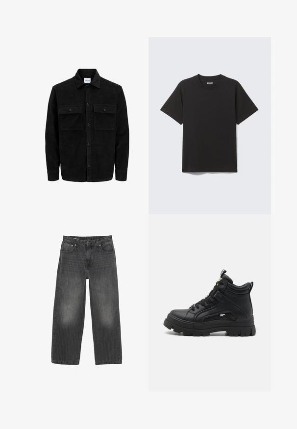 Giacca in corduroy nera con bottoni, due tasche anteriori con patta, colletto classico, maniche lunghe e texture a coste.; T-shirt nera a maniche corte in morbido cotone, con scollo rotondo e design semplice senza motivi o accenti.; Jeans in denim nero a gamba larga con sottili righe verticali, design a cinque tasche e chiusura frontale con bottoni. Texture consumata vicino alle tasche.; Calzature nere alte in pelle texturizzata, dotate di una robusta suola in gomma, chiusura con lacci nella parte anteriore e un piccolo dettaglio del logo sul lato.