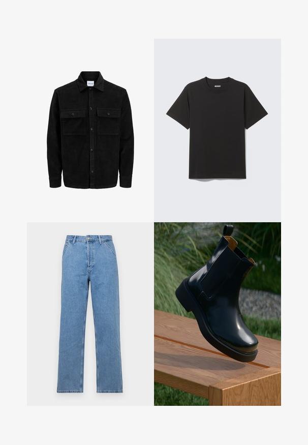 Juodas velveto mygtukų švarkas su dviem priekiniais kišenėmis su atvartais, klasikiniu apykakle, ilgomis rankovėmis ir raukšlėtu paviršiumi.; Juoda trumpomis rankovėmis medvilninė marškinėliai, pagaminti iš minkštos medvilnės, su apvalia iškirpte ir paprastu dizainu be raštų ar akcentų.; Šviesiai mėlyni džinsai tiesia kojelė su klasikinio penkių kišenių dizainu, su priekiniu mygtuko užsegimu ir diržo kilpelėmis. Lygus paviršius.; Juodas odinis Chelsea botai su lygiu paviršiumi, elastingomis šoninėmis dalimis, apvalia nosimi ir storu gumuotu padu, padėti ant medinės paviršiaus.