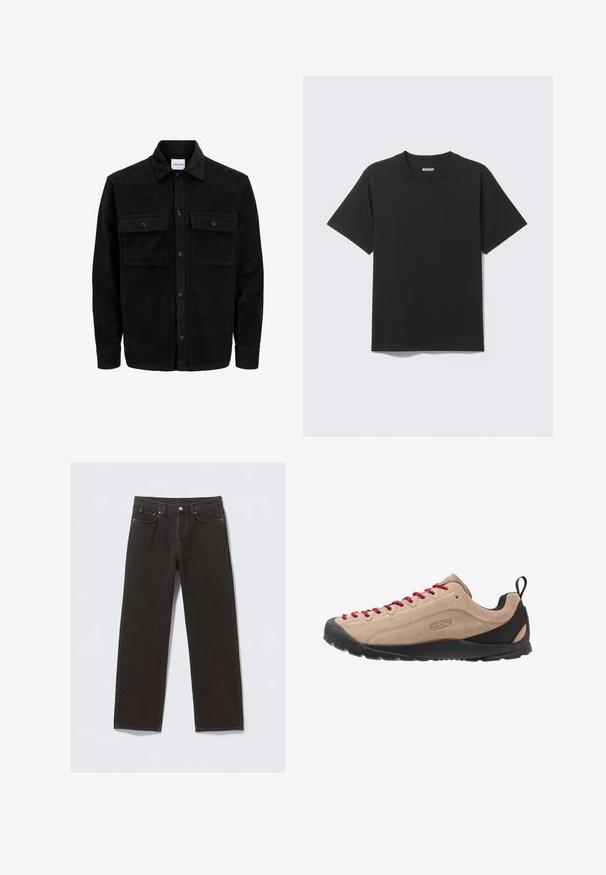 Sort fløjl button-up jakke med to frontlommer og klassisk krave, lange ærmer og ribbet tekstur.; Sort T-shirt med korte ærmer lavet af blød bomuld, med rund halsudskæring og enkelt design uden mønstre eller accenter.; Svarte denimjeans med straight-leg design, fem lommer og kobberfarvet syning. Glat tekstur, klassisk knaplukning i taljen.; Beige ruskind lavtop sko med røde snørebånd, sort gummisål og mesh-detaljer nær hælen for åndbarhed og komfort.
