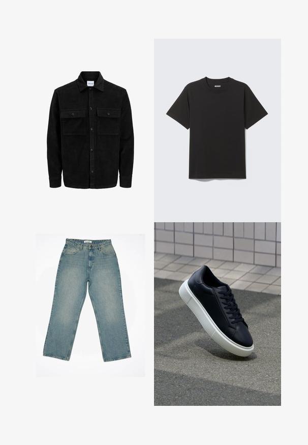 Crni kožni kord jakna na dugmad s dva prednja džepa s preklopom i klasičnim ovratnikom, dugim rukavima i rebrastom teksturom.; Crna majica kratkih rukava od mekanog pamuka, s okruglim izrezom i jednostavnim dizajnom bez uzoraka ili naglasaka.; Svijetloplave traperice s visokim strukom i širokim nogavicama. Imaju bočne džepove, zatvaranje na zip i vidljive detalje šivanja.; Crne kožne tenisice s zaobljenim vrhom i bijelim gumiranim potplatom. Imaju ravne vezice i minimalno šivanje na gornjem dijelu. Teksturirani potplat za bolje prianjanje.