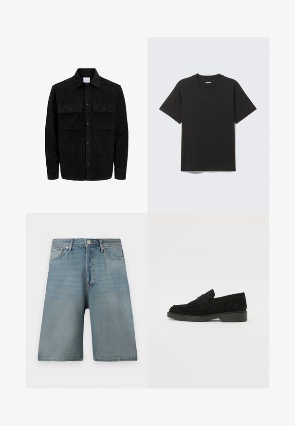 Black corduroy button-up jacket with two front flap pockets and a classic collar, long sleeves, and ribbed texture.; Black short-sleeve T-shirt made of soft cotton, featuring a round neckline and simple design without patterns or accents.; Light blue denim shorts featuring a loose fit, five pockets, and a traditional button closure, with faded patches for a worn appearance.; Black suede loafers with a low heel, featuring a simple band across the upper and textured detailing along the sides.